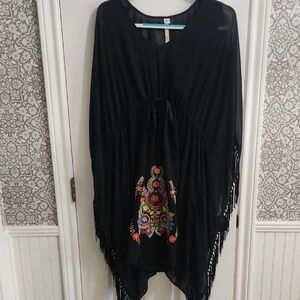 Uncle Frank Size XL Black Floral Embroidered Fringe Dress Boho Western Festival​